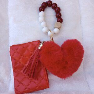 Chic Wallet with Wristlet, tasel and Hear Pom Pom
